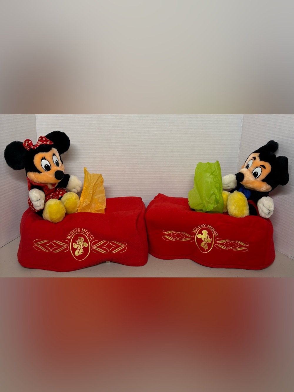 Vintage Disney Mickey & Minnie Mouse Plush Tissue Box Holders Pair Embroidered